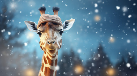 Giraffe in winter. Portrait of a majestic giraffe. Beautiful giraffe on a blurred background with copy space. Generative AIの素材