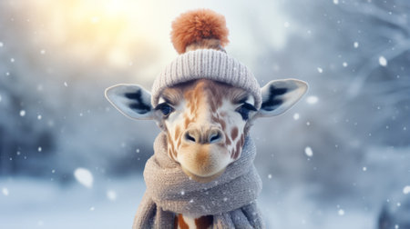 Giraffe in winter. Portrait of a majestic giraffe. Beautiful giraffe on a blurred background with copy space. Generative AIの素材