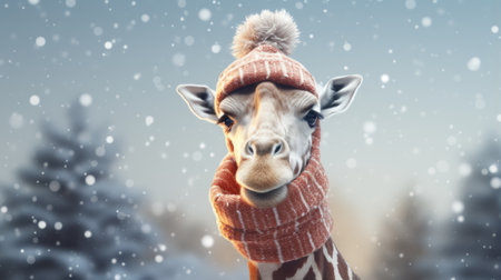 Giraffe in winter. Portrait of a majestic giraffe. Beautiful giraffe on a blurred background with copy space. Generative AIの素材