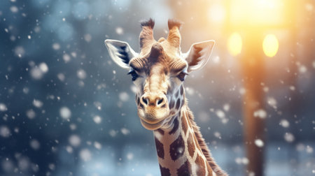 Giraffe in winter. Portrait of a majestic giraffe. Beautiful giraffe on a blurred background with copy space. Generative AIの素材