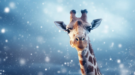 Giraffe in winter. Portrait of a majestic giraffe. Beautiful giraffe on a blurred background with copy space. Generative AIの素材