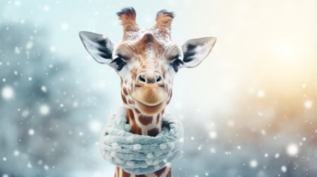 Giraffe in winter. Portrait of a majestic giraffe. Beautiful giraffe on a blurred background with copy space. Generative AIの素材