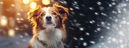 Dog during snowfall with blurred background with copy spaceの素材