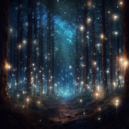 Blurred magical forest and glowing lights.の素材