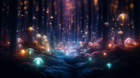 Blurred magical forest and glowing lights.の素材