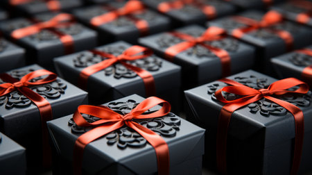 Black gift boxes with red ribbon.の素材