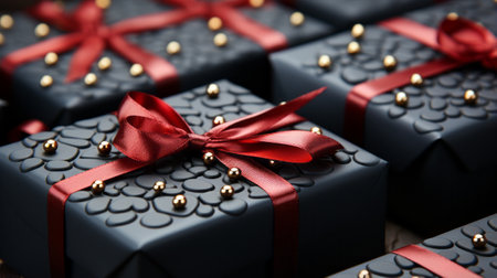 Black gift boxes with red ribbon.の素材