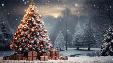 Christmas tree in winter. Gifts on a snowy backgroundの素材