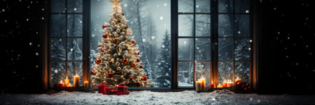 Christmas tree in winter. Gifts on a snowy backgroundの素材