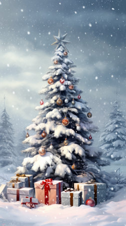 Christmas tree in winter. Gifts on a snowy backgroundの素材