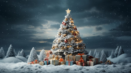 Christmas tree in winter. Gifts on a snowy backgroundの素材