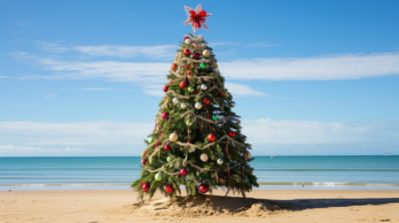 Beach with a Christmas tree. Celebrating Christmas on the beachの素材