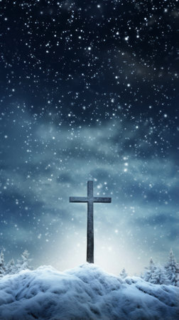 Cross with snowfall in the skyの素材