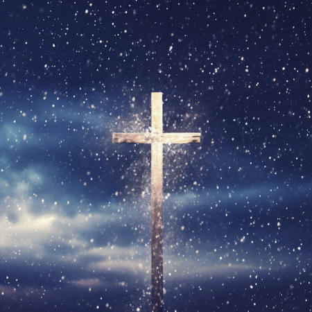 Cross with snowfall in the skyの素材