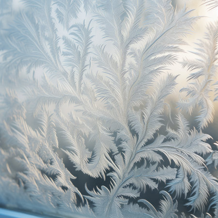 Window is covered with frost on a cold winter morningの素材