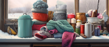 A pile of knitted clothes in the kitchenの素材