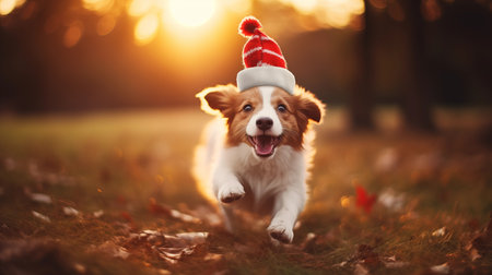 Festive dog in a Christmas hat in the forestの素材