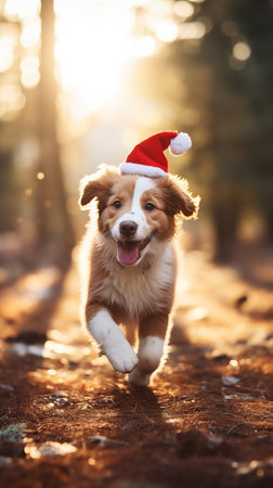 Festive dog in a Christmas hat in the forestの素材