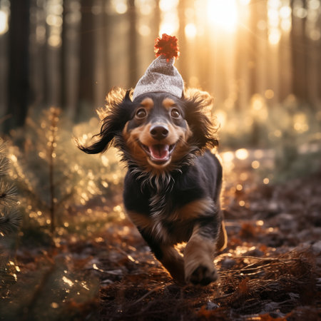 Festive dog in a Christmas hat in the forestの素材