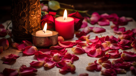 Romantic room with candles and rose petalsの素材