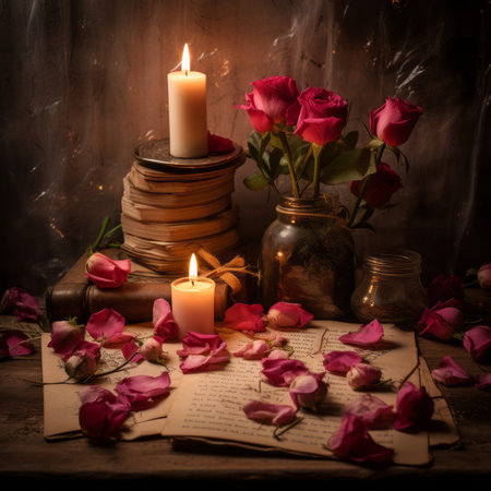 Romantic room with candles and rose petalsの素材