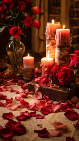 Romantic room with candles and rose petalsの素材