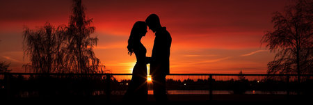 Silhouette of a couple on the background of the sun. The concept of romanceの素材