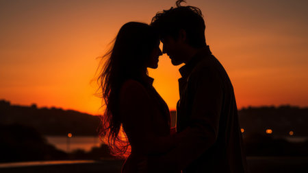 Silhouette of a couple on the background of the sun. The concept of romanceの素材