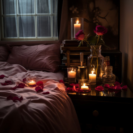 Romantic room with candles and rose petalsの素材