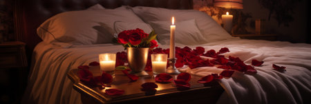 Romantic room with candles and rose petalsの素材