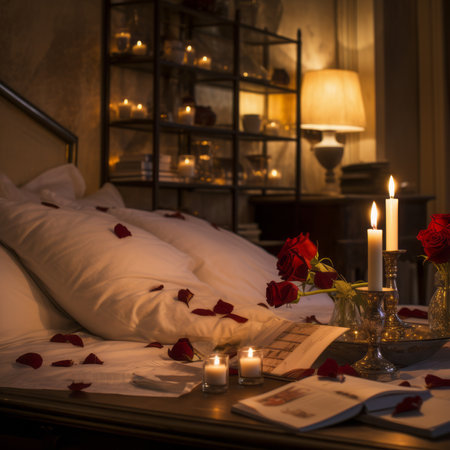 Romantic room with candles and rose petalsの素材