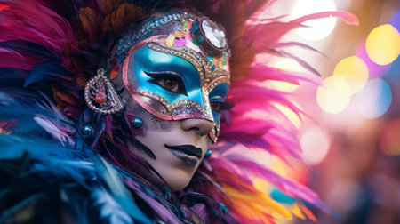 Man in bright carnival clothes with a mask. The mask is decorated with feathers and patternsの素材