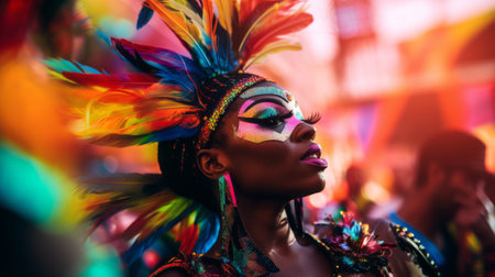 Dark-skinned people dance at a colorful carnivalの素材
