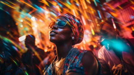 Dark-skinned people dance at a colorful carnivalの素材
