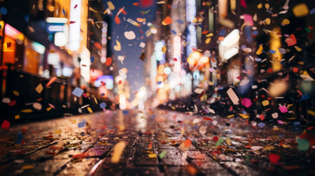 Multicolored confetti in the air on the streetの素材