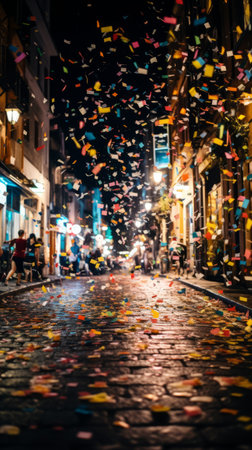 Multicolored confetti in the air on the streetの素材