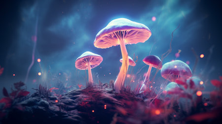 Glowing neon mushrooms. Background with magic mushroomsの素材