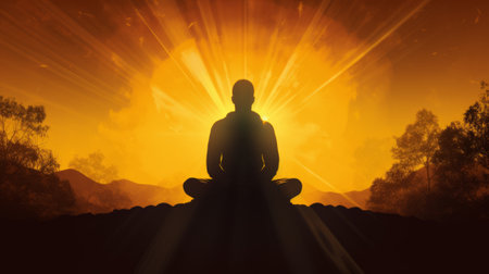 Silhouette of meditations on the background of the sun. A man meditates at sunsetの素材