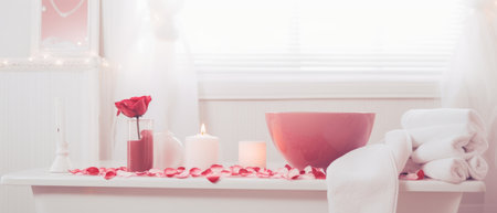 Elegant white bathroom interior with roses and candles. A relaxing bathroomの素材