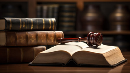 Close-up of a wooden gavel in a judge. Wooden gavel in court with book backgroundの素材