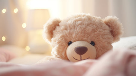 A teddy bear is sitting on a cozy bedの素材