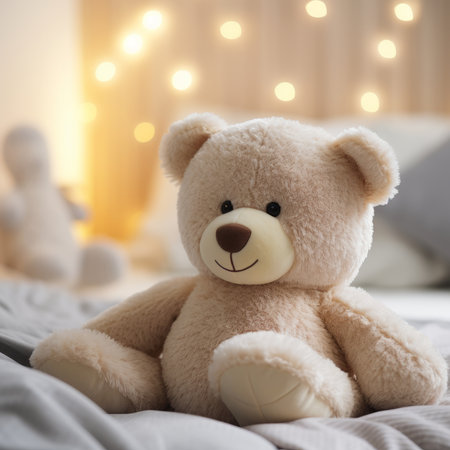 A teddy bear is sitting on a cozy bedの素材