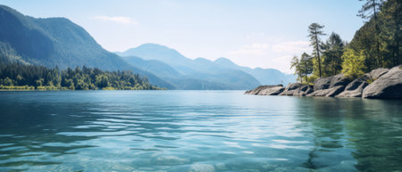 A large crystal clear lake in the middle of majestic mountains. Concept of peace in natureの素材