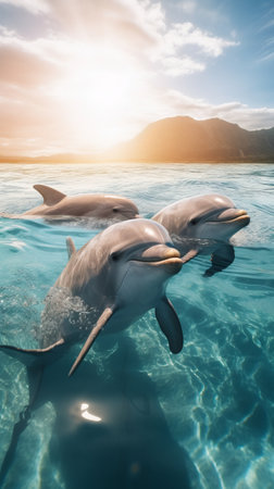 A playful dolphin happily swims in the oceanの素材