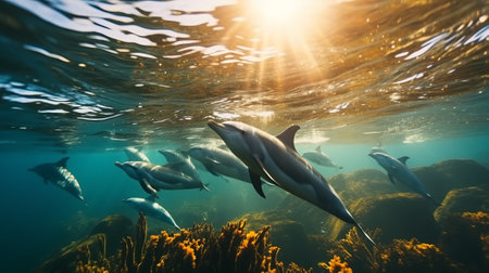 A playful dolphin happily swims in the oceanの素材