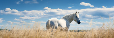 A white horse is grazing in a field of tall grass under a blue skyの素材