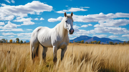 A white horse is grazing in a field of tall grass under a blue skyの素材