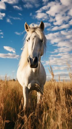 A white horse is grazing in a field of tall grass under a blue skyの素材