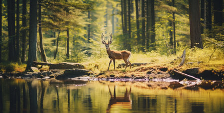 A grandiose deer in a peaceful forestの素材