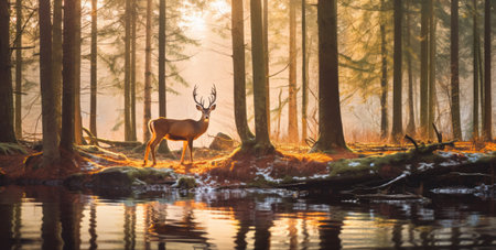 A grandiose deer in a peaceful forestの素材